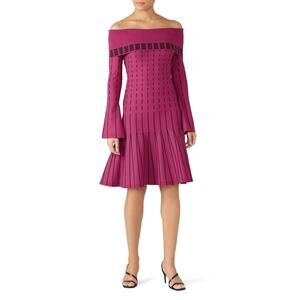 Prabal Gurung Burgundy Striped Off-the-shoulder Bell Long Sleeves Dress 2